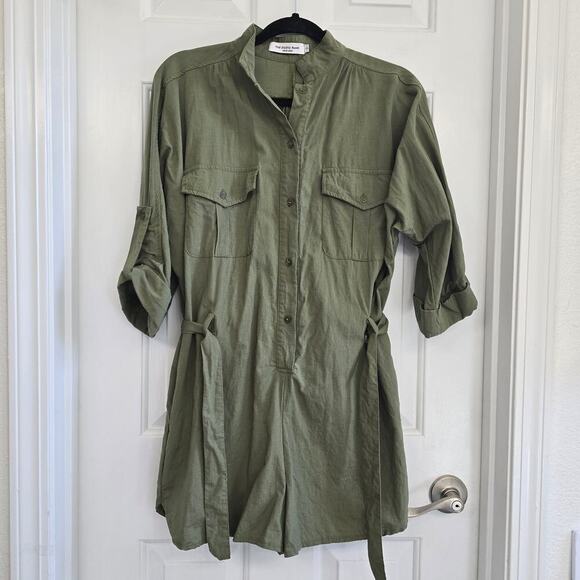 Embroidered Floral Army Green Cargo Romper Short Roll Sleeves Tie Waist Button - Picture 1 of 10